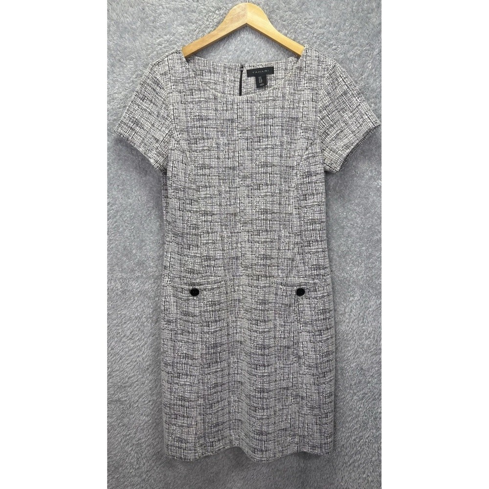 Tahari Women Sz 8 Black White Tweed Shift Dress Short Slv Career Pockets Minimal